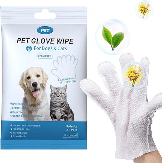 CINOKAI-Pet Cleaning Wipes - Cat Cleaning Wipes & Dog Grooming Gloves -Pet Glove Wipes for Dogs and Cats - Deodorizing Grooming Gloves (1Pack 6 PCS)