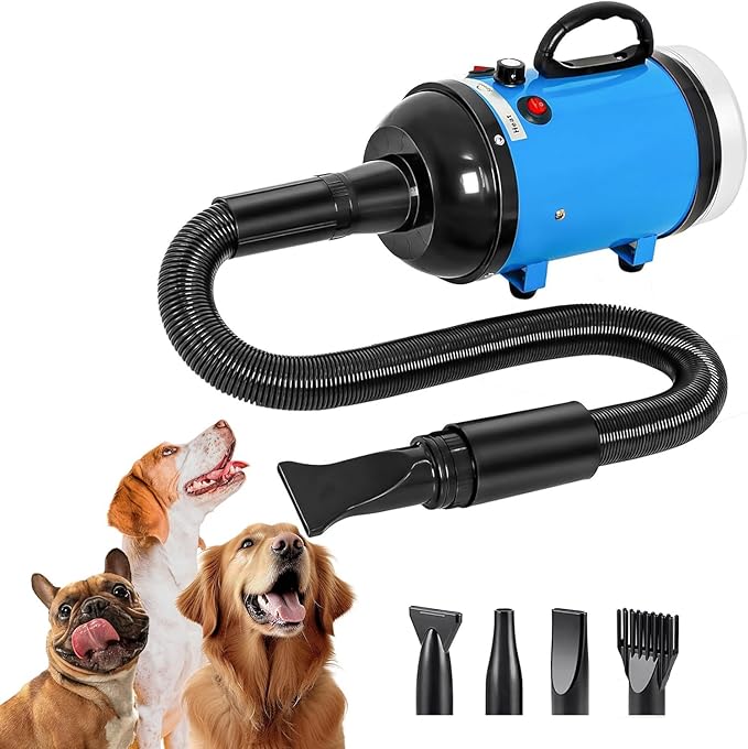 Dog Dryer, Dog Blow Dryer, High Velocity Professional Pet Grooming Vacuum, Dog Hair Dryer with Heater, Stepless Adjustable Speed, 3 Different Nozzles and a Comb for Home, Pet Washing Station, Travel