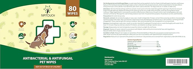 Antifungal and Antibacterial Wipes for Dogs & Cats, Dog Yeast Infection Treatment Wipes, All Natural Grooming Wipes for Cleaning, Help with Hot Spots, Ringworm, and Skin Infections, 80 Count
