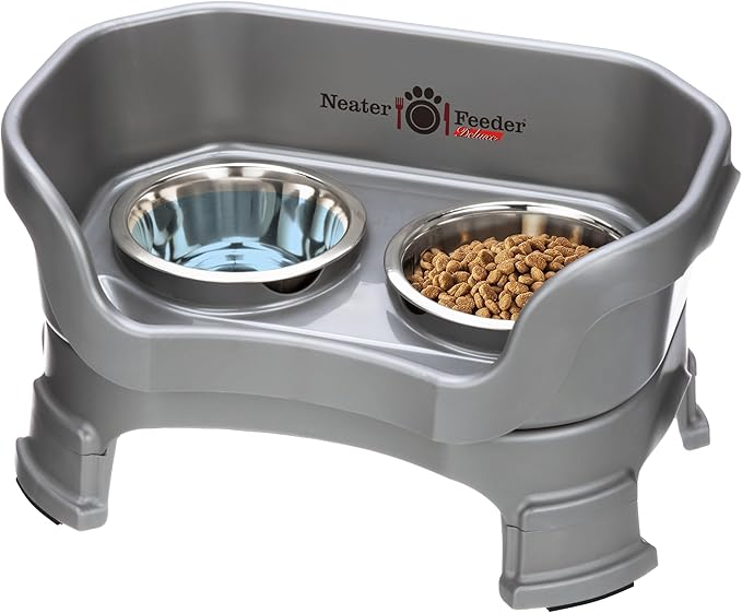 Neater Feeder Deluxe Mess Proof Dog Bowls Elevated for Small Breeds – Made in USA – No Spill Raised Dog Food Bowl Stand w/Leg Extensions – Stainless Steel Dog Food and Water Bowl Set – Grey