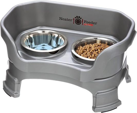 Neater Feeder Deluxe Mess Proof Dog Bowls Elevated for Small Breeds – Made in USA – No Spill Raised Dog Food Bowl Stand w/Leg Extensions – Stainless Steel Dog Food and Water Bowl Set – Grey