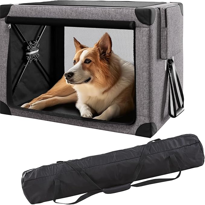 Collapsible Dog Crate - 32 Inch Portable Dog Travel Crate for Medium Dogs, Foldable Dog Crate with Detachable Storage Bag, Removable Pad, and Mesh Windows for Outdoor & Indoor