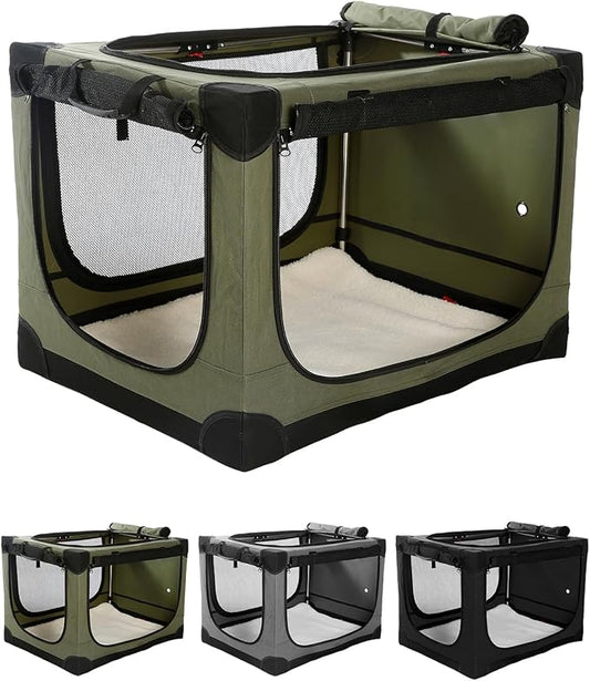 42 Inch Collapsible Travel Dog Crate for Medium Large Dogs, Portable Dog Crate 4-Door Foldable Soft Kennel with Chew-Proof Mesh Windows for Indoor & Outdoor Travel,with Storage Bag,Green