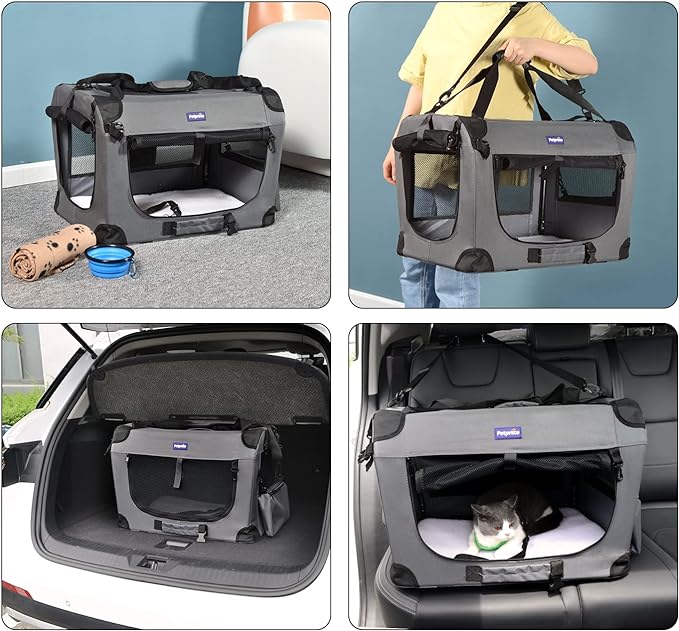 Petprsco Portable Collapsible Dog Crate, Travel Dog Crate 24x17x17 with Soft Warm Blanket and Foldable Bowl for Large Cats & Small Dogs Indoor and Outdoor