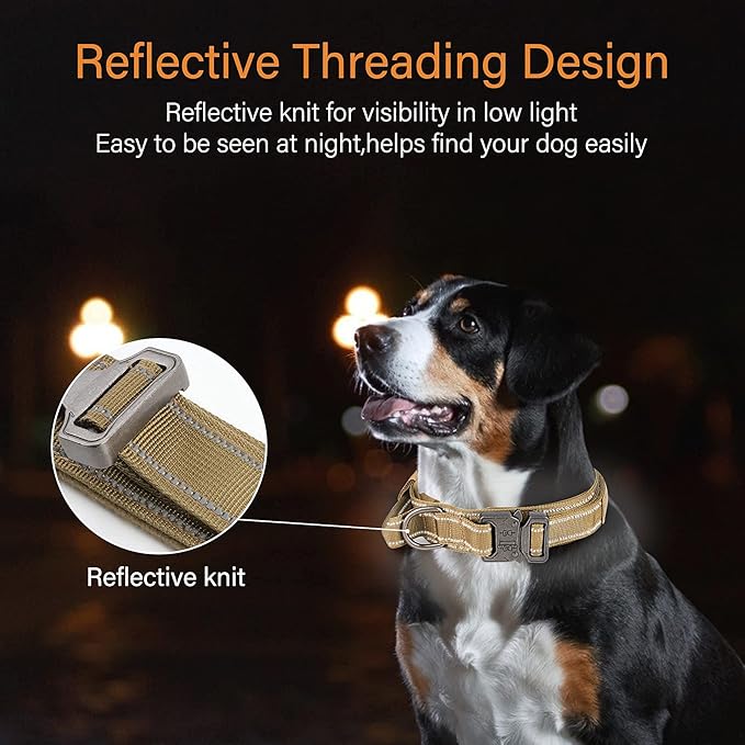 KCUCOP Tactical Dog Collar, Heavy Duty Dog Collar with Handle and Metal Buckle, Military Thick Dog Collars for Medium and Large Dogs(Brown-XL-Reflective, 1 Patch)