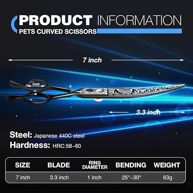 JASON 7" Curved Dog Grooming Scissors, Ergonomic Pets Grooming Thinner Blender Shears Cat Trimming Texturizing with Offset Handle, Stainless Steel, Light Weight, Sharp, Safe, Comfortable