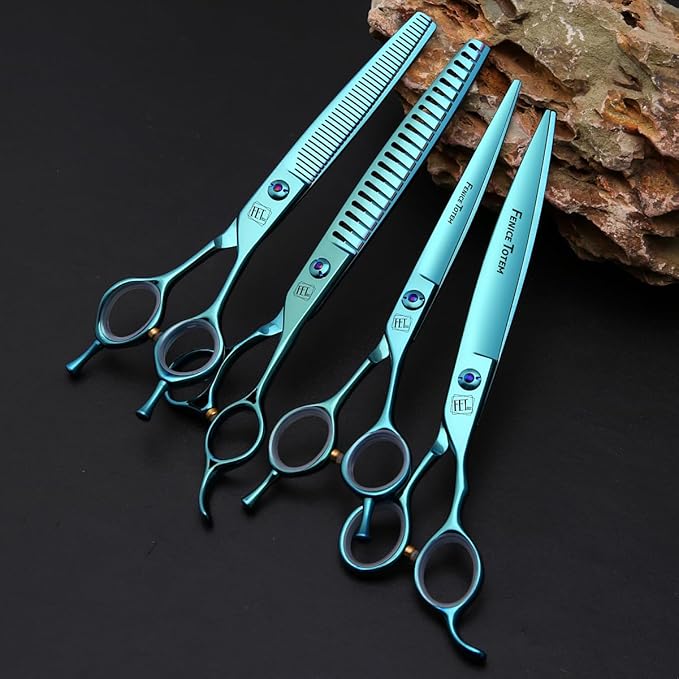 Dog Grooming Scissors: Blueish Green 5 in 1 Pet Shears Kit Made of Japanese 440C Advanced Stainless Steel Professional Grooming Scissors for Dogs Cats and Other Pets