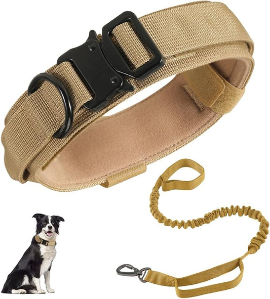 Tactical Dog Collar and Leash Set, Adjustable Military Nylon Dog Bungee Leash and Collar with Handle and Heavy Metal Buckle, Dog Training Collar Leash Set for Medium Large Dog (L, Brown)