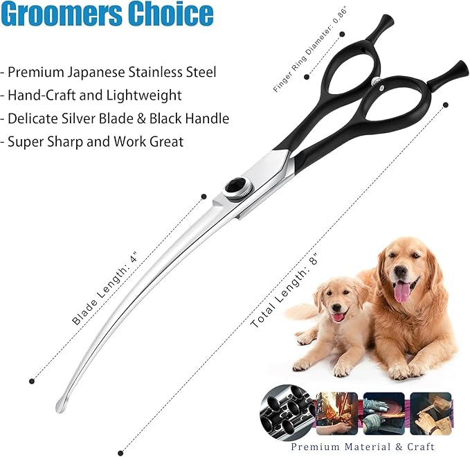 Dream Reach 8" Downward Curved Dog Grooming Scissors for Trimming Face and Paws, Safety Round Tip Shears for Pet Dogs and Cats, Professional Pet Grooming Scissors Black