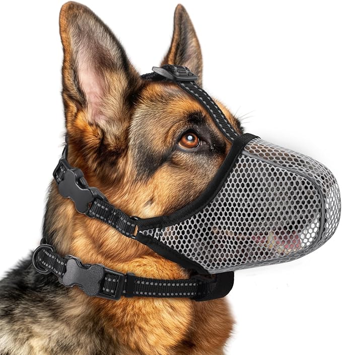 Dog Muzzle,Mesh Soft Muzzle for Small Medium Large Sized Dogs, Breathable Reflective Adjustable Puppy Muzzles with Collar for Scavenging Grooming Biting Chewing,Allows Panting and Drinking(Grey L)