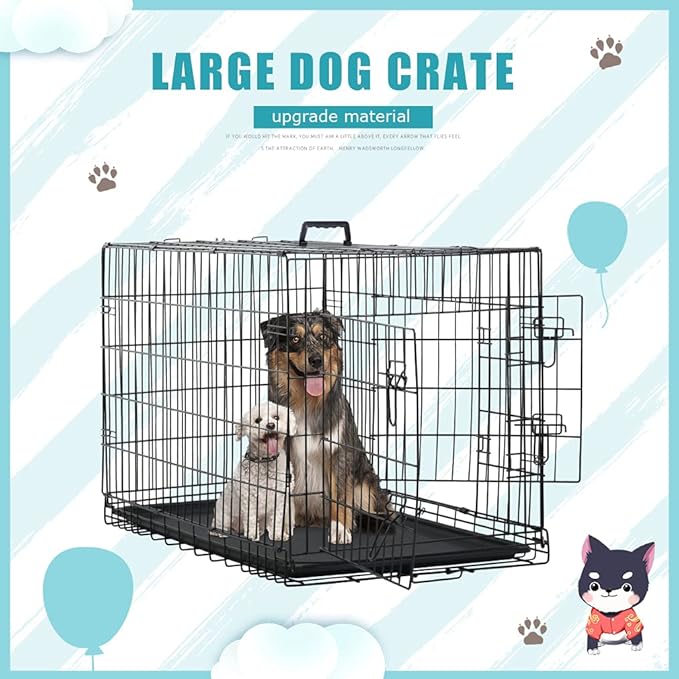 Dog Crate Cage Kennel for Large Medium Dogs Pet Puppy Playpen Wire Animal Metal Folding Travel Divider Double-Door Handle Plastic Tray Indoor Outdoor Double Lock Black Rabbit 24 30 36 42 48 inches