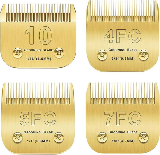 Audoc 4PCS 10 Blades Dog Grooming Blades Compatible with Andis/Oster A5/Wahl KM-10 Series Dog Clippers Replacement Blades,Detachable Dog Clipper Blades (Gold-#10+4FC+5FC+7FC)