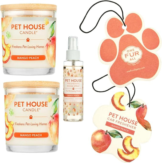 One Fur All Pet House Candle Value Pack, Plant-Based Scented Candles, Room Spray and Car Air Freshener, Cat and Dog Friendly, Pet Odor Solutions for Home, Mango Peach