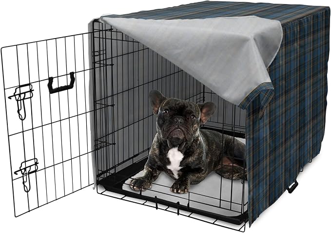 Lunarable Plaid Dog Crate Cover, Striped Geometric British Pattern Modern Design Elements in Patel Colors, Easy to Use Pet Kennel Cover for Medium Large Dogs, 24 Inch, Azure Blue and Marigold