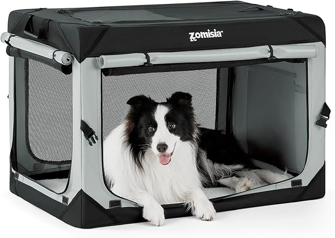 Collapsible Dog Crate for Large Dogs - Portable Dog Travel Crate 36 Inch Soft Sided with Mesh Windows and 3-Door Curtains, Foldable Dog Kennel for Indoor and Outdoor, Grey
