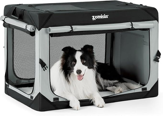 Collapsible Dog Crate for Large Dogs - Portable Dog Travel Crate 36 Inch Soft Sided with Mesh Windows and 3-Door Curtains, Foldable Dog Kennel for Indoor and Outdoor, Grey