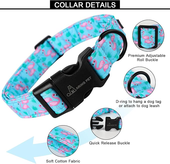 ARING PET Flamingo Dog Collar-Cute Cotton Small Dog Collars, Adjustable Lightweight Summer Pet Collars for Small Medium Large Boy and Girl Dogs, Small