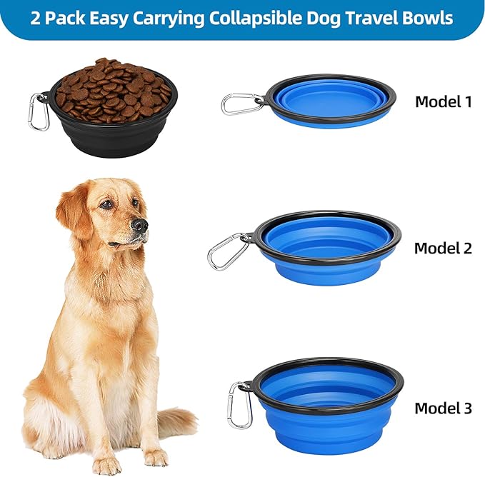 Kytely Large Collapsible Dog Bowls 2 Pack, 34oz Foldable Dog Travel Bowl, Portable Pet Water Food Bowl with Clasp, Pet Cat Feeding Cup Dish for Traveling, Walking, Hiking (Black+Blue)