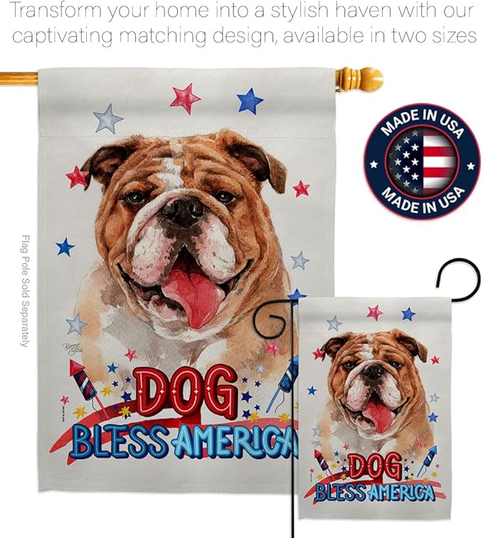 Breeze Decor Patriotic Bulldog House Flag Dowel Set Dog Puppy Spoiled Paw Canine Fur Pet Nature Farm Animal Creature Decoration Banner Small Garden Yard Gift Double-Sided, Made in USA