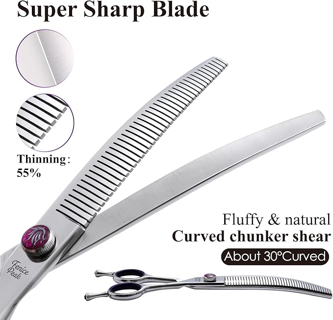 Fenice Peak 6.5'' Fluffy Dog Grooming Scissors Professional 440C Curved Thinning Shears 55% Thinning Rate and 30°Curved Sharp and Durable with Decorative Screws & Tails