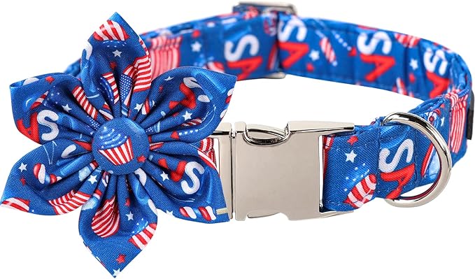 Lionet Paws Patriotic Female Dog Collar with Flower, 4th of July, Soft and Comfortable Adjustable American Flag Collar for Dogs, Medium, Neck 13.5-22 inches