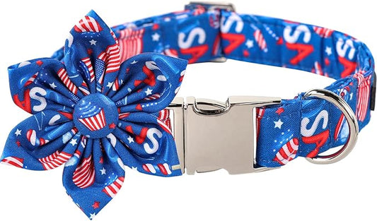 Lionet Paws Patriotic Female Dog Collar with Flower, 4th of July, Soft and Comfortable Adjustable American Flag Collar for Dogs, Medium, Neck 13.5-22 inches