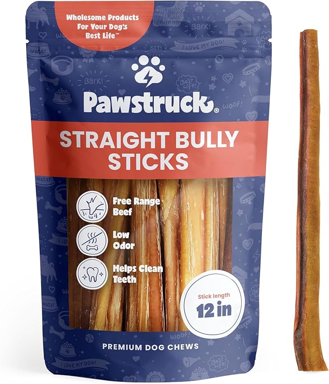 Pawstruck All-Natural 12" Bully Sticks for Dogs - Best Long Lasting, Rawhide Free, Low Odor & Grain Free Dental Chew Treat - Healthy Single Ingredient 100% Real Beef - 1 lb. Bag