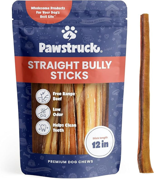 Pawstruck All-Natural 12" Bully Sticks for Dogs - Best Long Lasting, Rawhide Free, Low Odor & Grain Free Dental Chew Treat - Healthy Single Ingredient 100% Real Beef - 1 lb. Bag