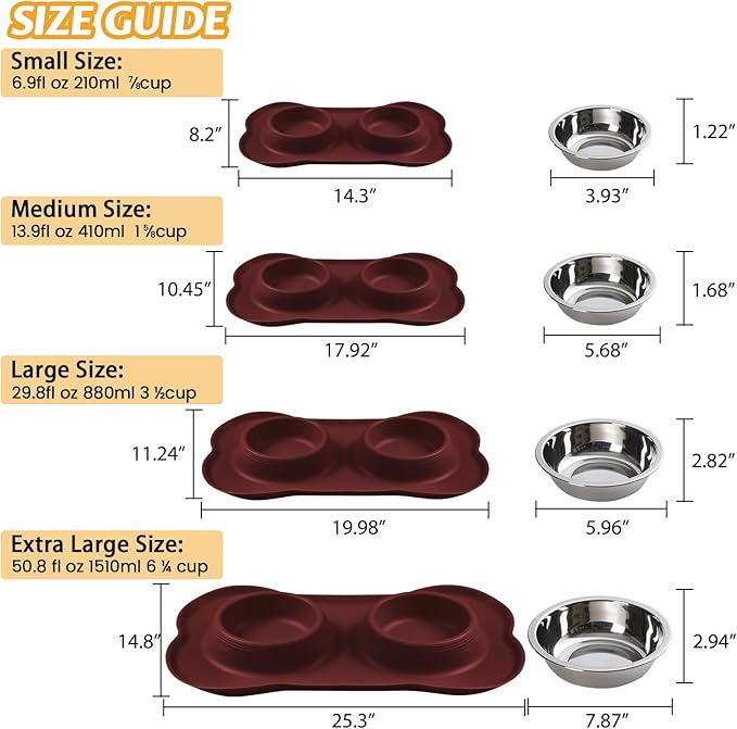 Hubulk Pet Dog Bowls 2 Stainless Steel Dog Bowl with No Spill Non-Skid Silicone Mat + Pet Food Scoop Water and Food Feeder Bowls for Feeding Small Medium Large Dogs Cats Puppies (X- Large, Burgundy)