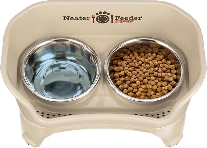 Neater Feeder - Express Model - Mess-Proof Dog Bowls (Medium/Large, Almond) – Made in USA – Elevated, No Spill, Non-Tip, Non-Slip, Raised Stainless Steel Food & Water Pet Bowls