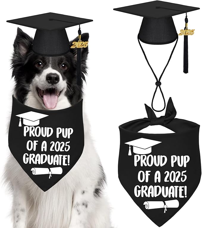 STMK Dog Graduation Cap and Bandana With 2025 Tassels - Outfits and Gifts for Small, Medium, Large Dogs (Black, Cap & Proud Pup of A Graduate)