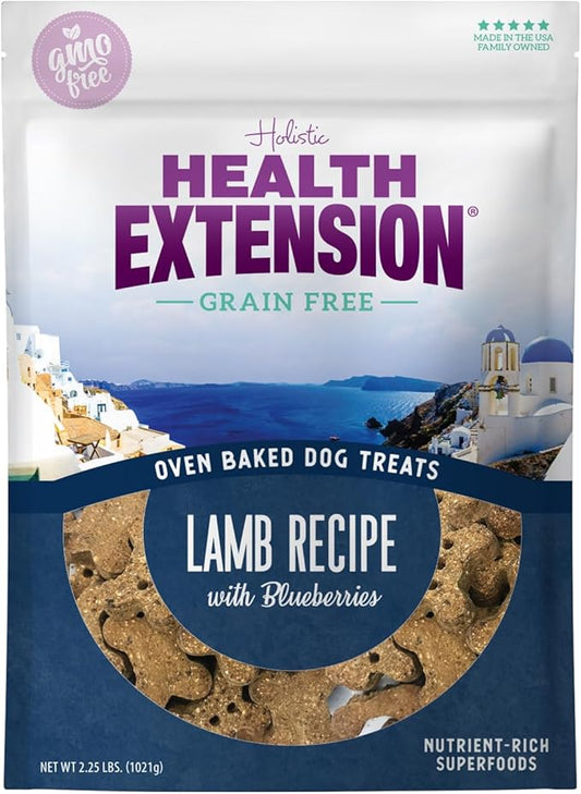 Health Extension Oven-Baked Dog Treats, 6oz (170g), Lamb & Blueberry Recipe – Gluten & Grain-Free, Superfood-Infused, Crunchy Biscuits for Puppy Training