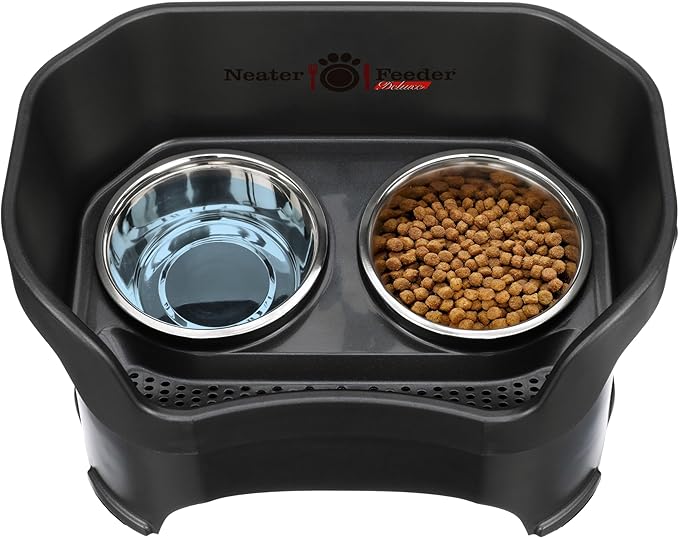 Neater Feeder Deluxe Mess Proof Dog Bowls Elevated for Large Breed – Made in USA – No Spill Raised Dog Food Bowl Stand – Stainless Steel Food and Water Bowl Set, Pet Dish Feeding Station, Black