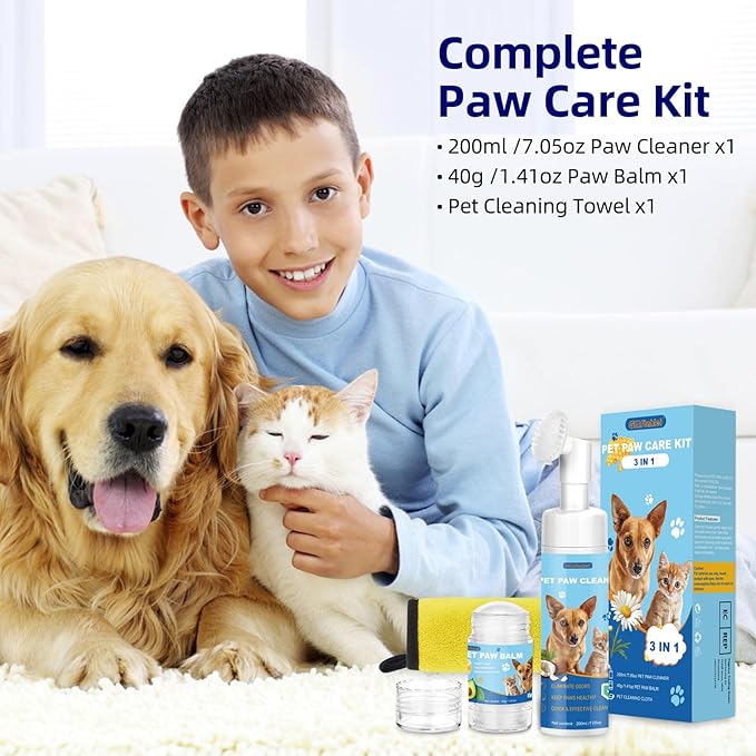 Dog Paw Care Kit,No-Rinse Paw Cleaner for Dogs & Cats,Dog Paw Balm for Heals -Repairs Dry Cracked Paws & Nose with 1 Pet Cleaning Towels,Natural Dog Paw Protector for Pet Foot Washer Care