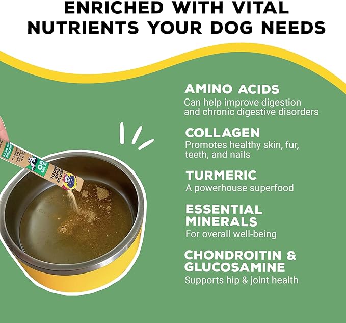 Brutus Bone Broth for Dogs - Bone Broth Powder with Chondroitin Glucosamine & Turmeric - Human Grade Dog Food Toppers for Dry Food & Picky Eaters - 5 Stick (Chicken)