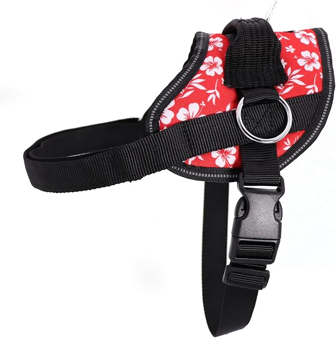 Bark Appeal Red Hibiscus No-Pull Dog Harness for Medium to Large Sized Pets – Adjustable, Reflective Vest with 3 Leash Clips for Added Control, Easy Walks & Training – Large