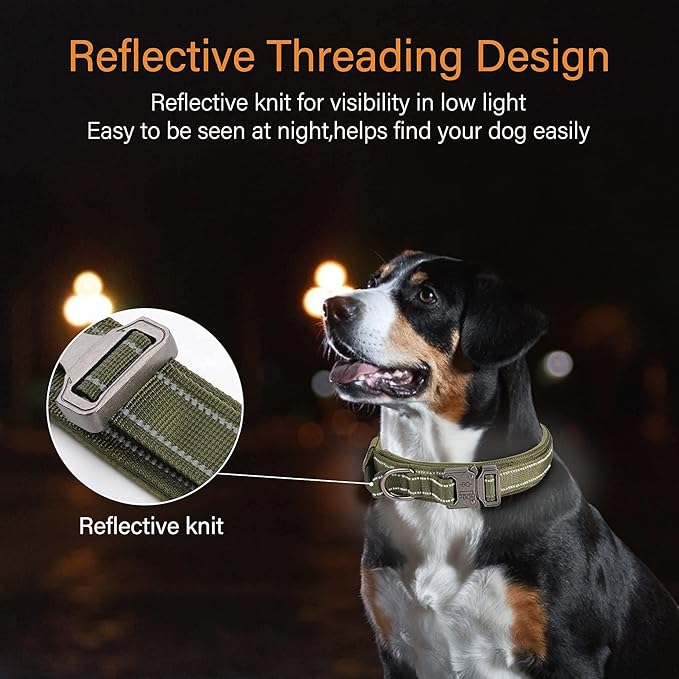 KCUCOP Tactical Dog Collar, Heavy Duty Dog Collar with Handle and Metal Buckle, Military Thick Dog Collars for Medium and Large Dogs(Green-XL-Reflective, 1 Patch)