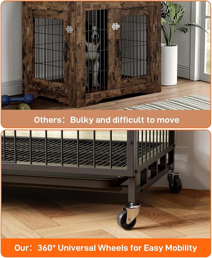 GAOMON 2024 New 38.6" Large Dog Crate Furniture, Heavy-Duty Wooden Dog Kennel with Removable Tray and Wheels, Double-Doors Dog Cage End Table, Dog House for Large/Medium/Small Dogs, Rustic Gray