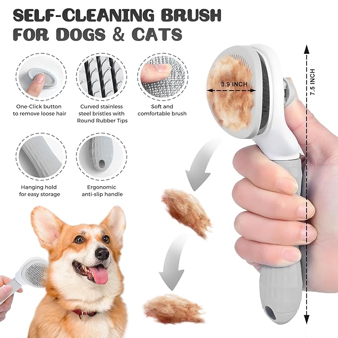 5 in 1 Dog Grooming Kit, Self Cleaning Slicker Brush for Shedding Short Long Haired Dogs & Cats, Includes Pet Comb, Flea Comb, Bath Brush, Undercoat Rake, Gray