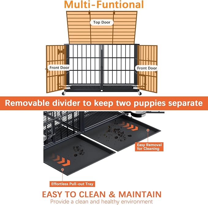 Dosker 54 inch XL Dog Crate for Large Dog/Double Medium Dogs,Heavy Duty Metal Dog Cages,All Metal Open Top Stackable,Dog Kennel Indoor with Wheels,Floor Grid, Tray, Divider and Feeding Bowl