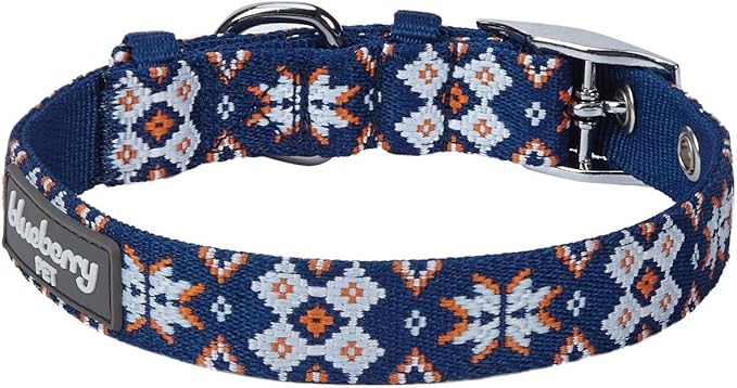 Blueberry Pet 3 Patterns Southwestern Modern Tribal Print Navy Braided Adjustable Dog Collar with Metal Buckle, Neck 13-16.5", for Medium Breed