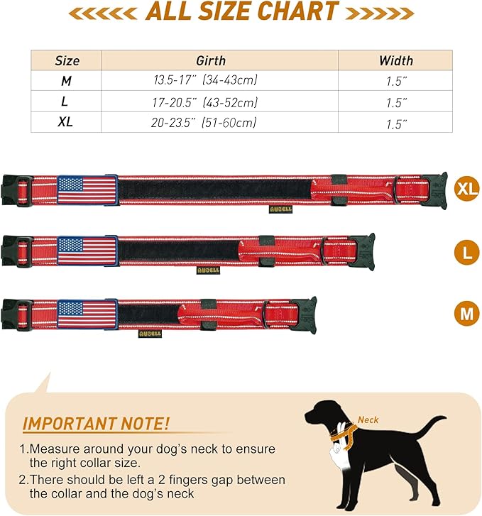 AUBELL Reflective Dog Collar, Tactical Dog Collar Military Dog Collar Adjustable Nylon Dog Collar with Handle and Heavy Metal Buckle Great for German Shepherd, with Airtag Case and Patches(Red, L)