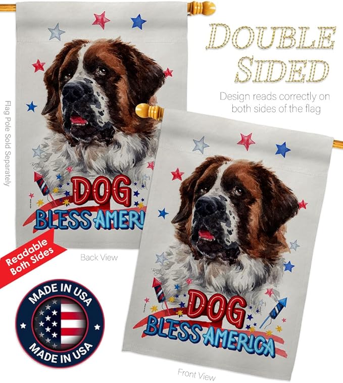 Breeze Decor Patriotic St Bernard Dog House Flag Pack Puppy Spoiled Paw Canine Fur Pet Nature Farm Animal Creature Embroidery Banner Small Garden Yard Gift Double-Sided, Made in USA