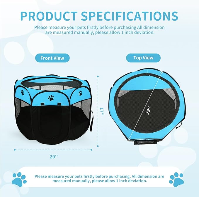 Pet Cat Playpen for Indoor Cats Enclosed, Portable Foldable Dog Playpen Outdoor with Zipper Top Cover Door for Dogs, Cats, Small Animals(M 35" * 35" * 24", Blue)