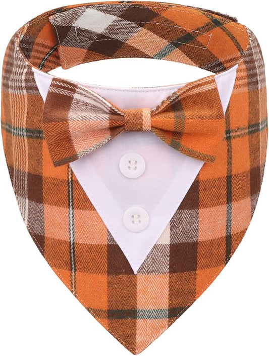 ADOGGYGO Fall Dog Tuxedo Bandana, Orange Plaid Pet Tux Collar with Bowtie, Adjustable Halloween Thanksgiving Formal Costume for Extra Small Dogs Pets (XS)