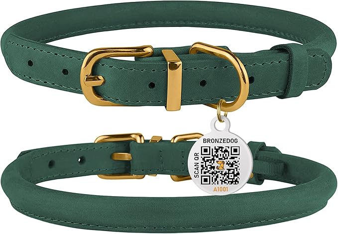 BRONZEDOG Rolled Leather Dog Collar with QR ID Tag Adjustable Soft Round Collars for Small Medium Large Dogs Puppy Cat (16" - 19" Neck Size, Emerald Green)