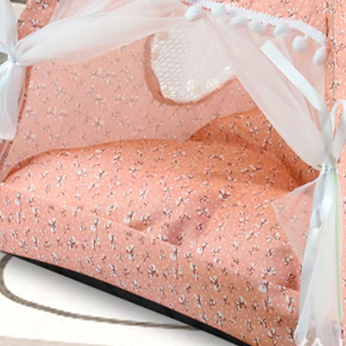 Cute Dog Tent House, Indoor Pet Tent Waterproof Bottom Detachable Cat Princess Indoor Tent House Pet Dog Cute Floral Cave Nest Bed Portable Dog Tents with Mesh Door Window for All Seasons (Pink)