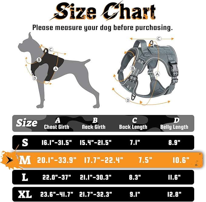 rabbitgoo Dog Harness Medium Sized No Pull, Tactical Service Dog Vest with Molle and Control Handle, Adjustable and Reflective Military Pet Harness for Easy Walking and Training, Grey, M