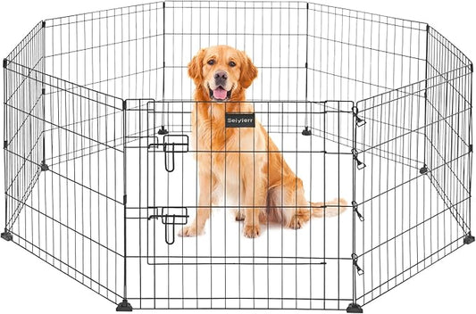 Metal Dog Fence for Camping, Foldable Cat Exercise Pens with Doors, Pet Playpen Puppy Play Pen Indoors Outdoors Temporary Fence,8 Panel 24" W x H