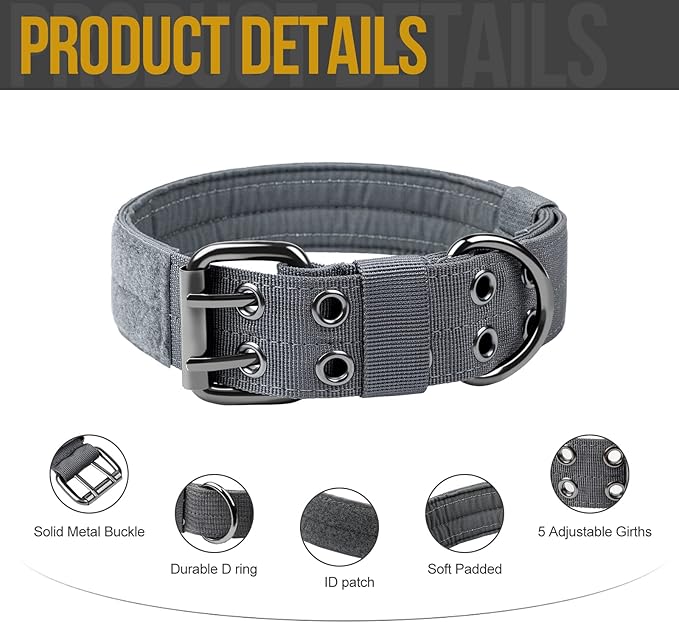 OneTigris Military Adjustable Dog Collar with Metal D Ring & Buckle 2 Sizes (M, Grey)